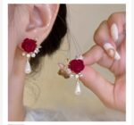 Earrings, demi-season retro red silver needle, silver 925 sample, light luxury style, high-quality style